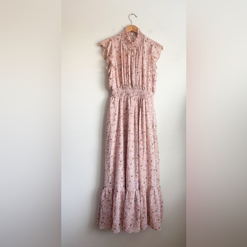 Melloday Floral Pink Ruffle Tiered Maxi Dress Smocked Victorian Coquette Ditsy L - Picture 5 of 9